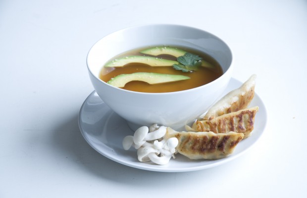 vegetable potstickers with avocado miso soup