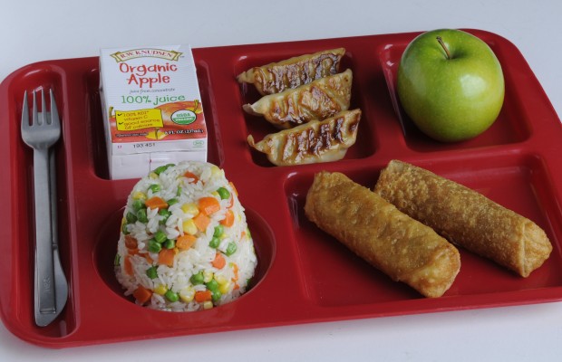 1. chicken potstickers, vegetable rice and whole wheat egg rolls for a lunch tray in school
